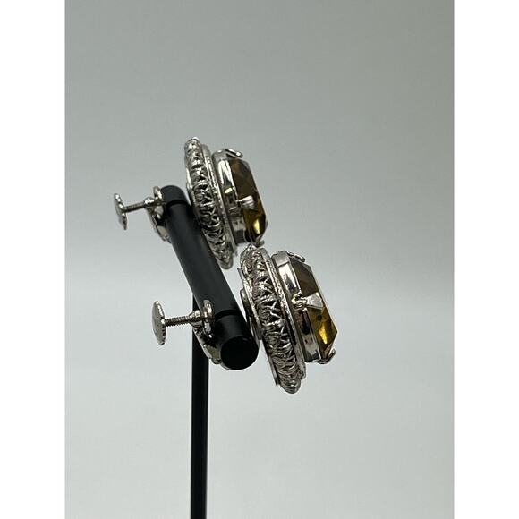 Accessocraft NYC Signed Vintage Prong Rhinestone Topaz Brown Screw Back Earrings - Picture 4 of 8
